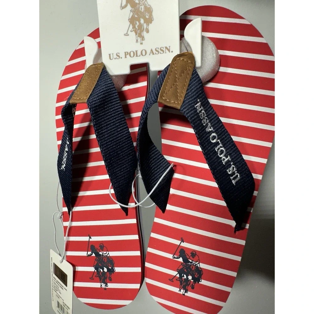 U.S. Polo Assn. Size 9-10 Flip Flops Red White Striped Sandals
